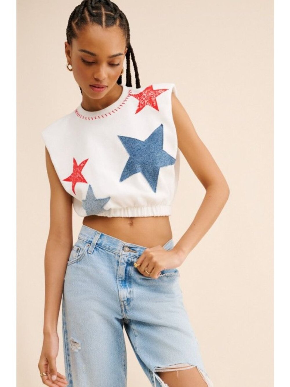 Tricia Fix Americana Muscle Shirt Womens S Cropped Retro Patriotic Upcycled